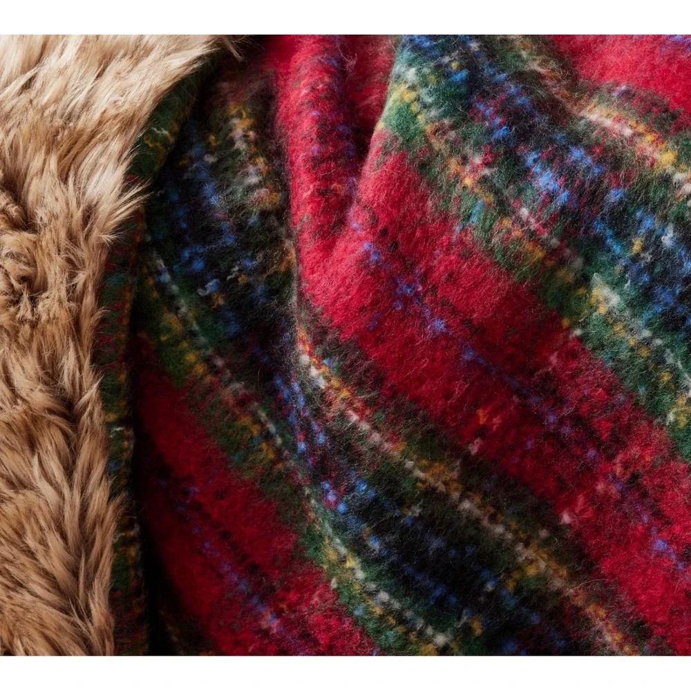Pottery Barn Stewart Plaid Faux Fur Throw Blanket Red Green Holiday 50x60